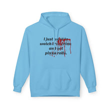 Load image into Gallery viewer, True Crime &amp; Pizza Rolls Hoodie — Cozy Fleece Hoodie with Cheeky Blood-Splatter Graphic