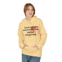 Load image into Gallery viewer, True Crime &amp; Pizza Rolls Hoodie — Cozy Fleece Hoodie with Cheeky Blood-Splatter Graphic