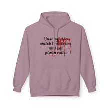Load image into Gallery viewer, True Crime &amp; Pizza Rolls Hoodie — Cozy Fleece Hoodie with Cheeky Blood-Splatter Graphic