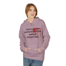 Load image into Gallery viewer, True Crime &amp; Pizza Rolls Hoodie — Cozy Fleece Hoodie with Cheeky Blood-Splatter Graphic