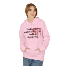 Load image into Gallery viewer, True Crime &amp; Pizza Rolls Hoodie — Cozy Fleece Hoodie with Cheeky Blood-Splatter Graphic