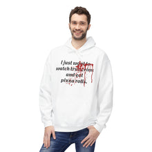 Load image into Gallery viewer, True Crime &amp; Pizza Rolls Hoodie — Cozy Fleece Hoodie with Cheeky Blood-Splatter Graphic