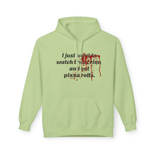 Load image into Gallery viewer, True Crime &amp; Pizza Rolls Hoodie — Cozy Fleece Hoodie with Cheeky Blood-Splatter Graphic