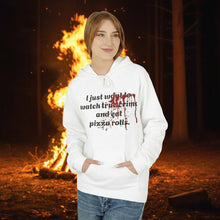 Load image into Gallery viewer, True Crime &amp; Pizza Rolls Hoodie — Cozy Fleece Hoodie with Cheeky Blood-Splatter Graphic