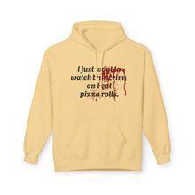 Load image into Gallery viewer, True Crime &amp; Pizza Rolls Hoodie — Cozy Fleece Hoodie with Cheeky Blood-Splatter Graphic