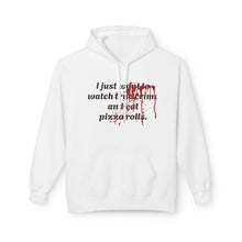Load image into Gallery viewer, True Crime &amp; Pizza Rolls Hoodie — Cozy Fleece Hoodie with Cheeky Blood-Splatter Graphic