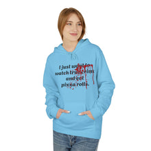 Load image into Gallery viewer, True Crime &amp; Pizza Rolls Hoodie — Cozy Fleece Hoodie with Cheeky Blood-Splatter Graphic
